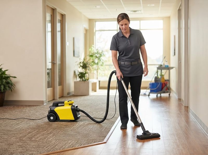 Combo rug tool pulled across low-pile office carpet