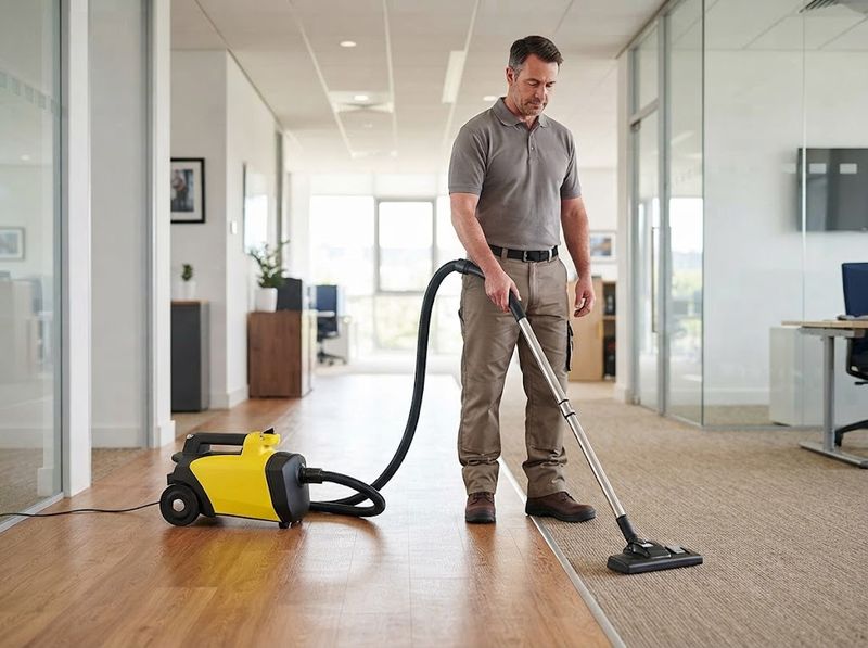 Canister vacuum plugged into a single hallway outlet, cord stretched down a corridor